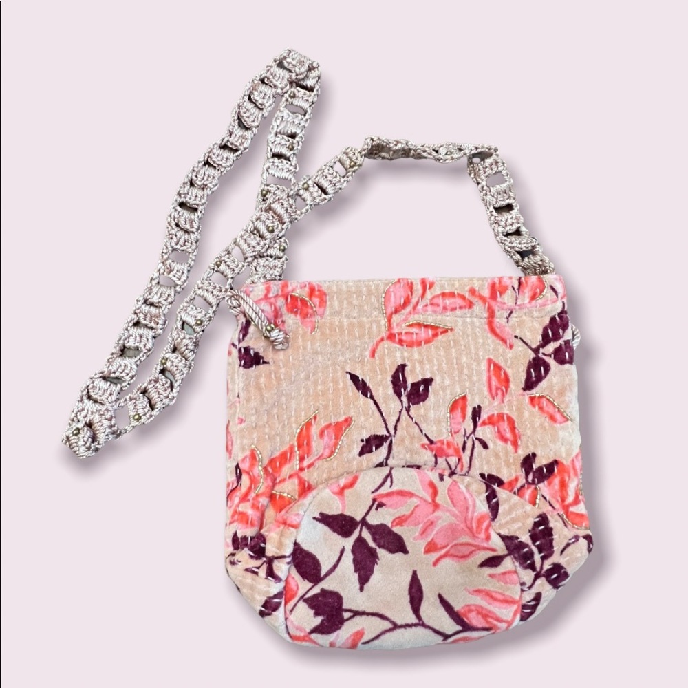 Free People Pink Floral Velvet Crossbody Bag with Silver Chain